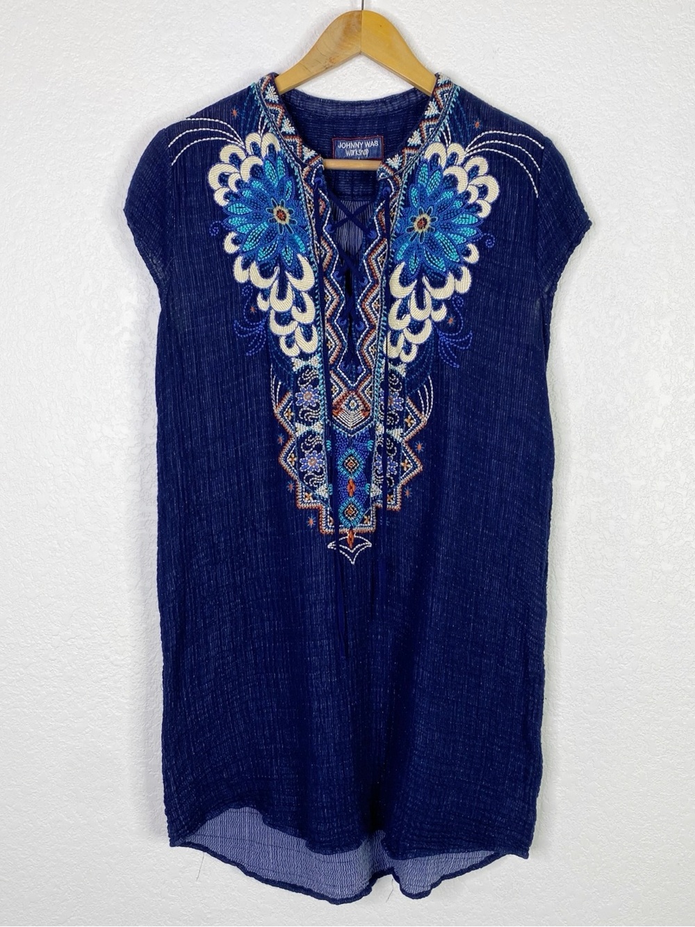 Johnny Was Blue European Voile Love Flower Embroidered Tunic Dress